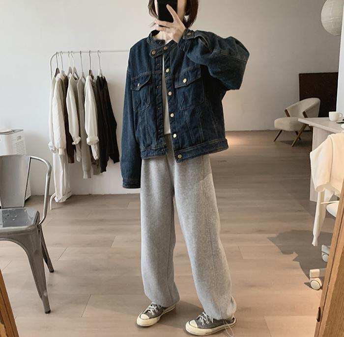 Women's Retro Korean Denim Jacket - Stand Collar, Cotton Padded, Long Sleeve, Loose Fit, Autumn/Winter.