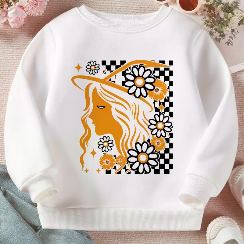Kids Crewneck Sweatshirt, Retro Floral Whimsy Cute Graphic Print, Soft Comfort Long Sleeve Casual Pullover
