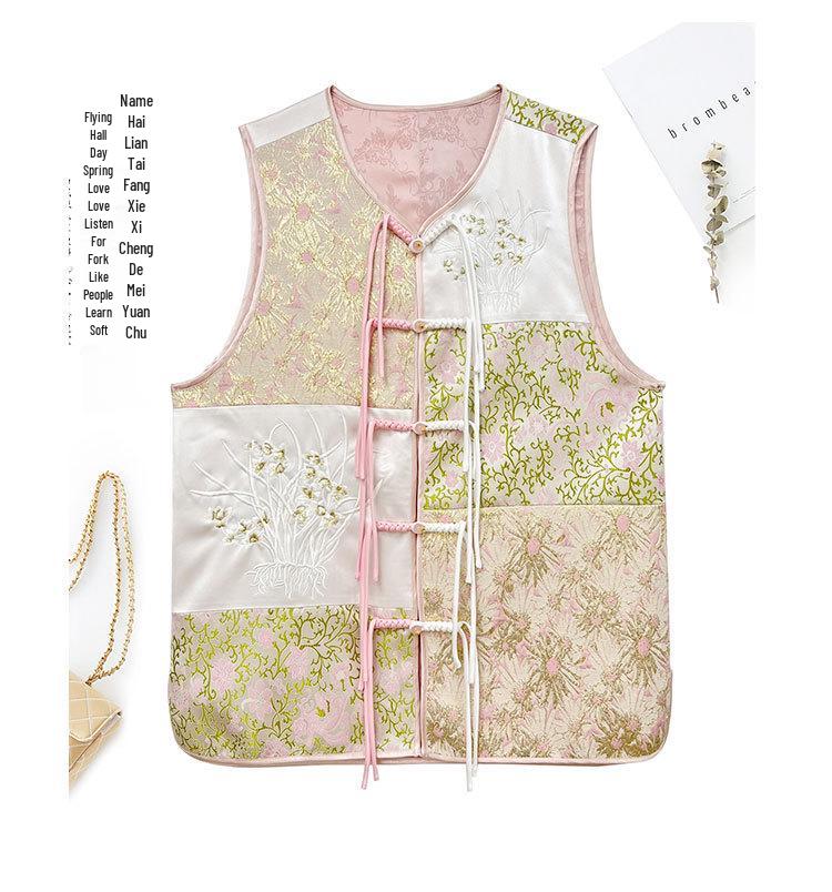 Damenweste im nationalen Stil aus Jacquard-Satin mit Froschverschluss und Freesienstickerei.