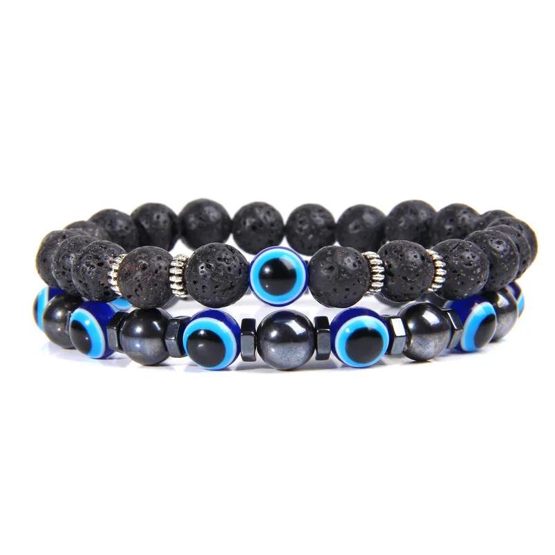 Armband med turkiska ögat-pärlor, natursten, lava, hematit, set med flera lager, handgjorda elastiska smycken för kvinnor och män
