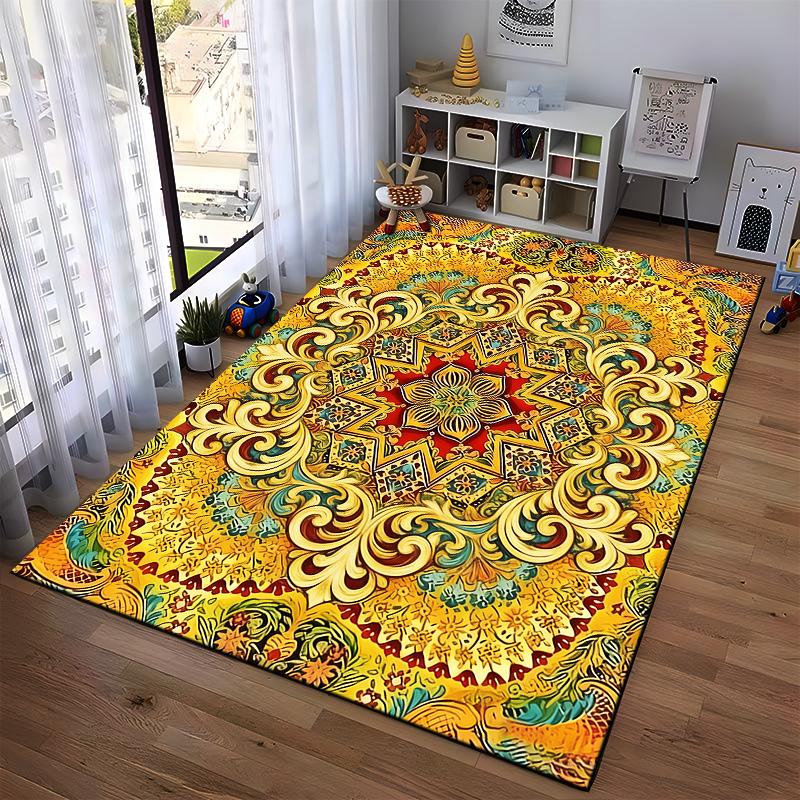 Mandala Pattern Carpet with Vibrant Yellow and Red Bohemian Style Design Suitable for use as an anti-slip for living room bedroom sofas
