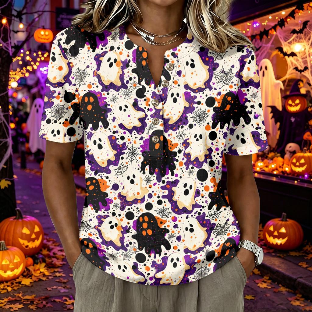 Women's Short Sleeve Henley Shirt Cotton Linen Blend Casual Buttoned Neck Top with Halloween Inspired Pattern and Relaxed Fit