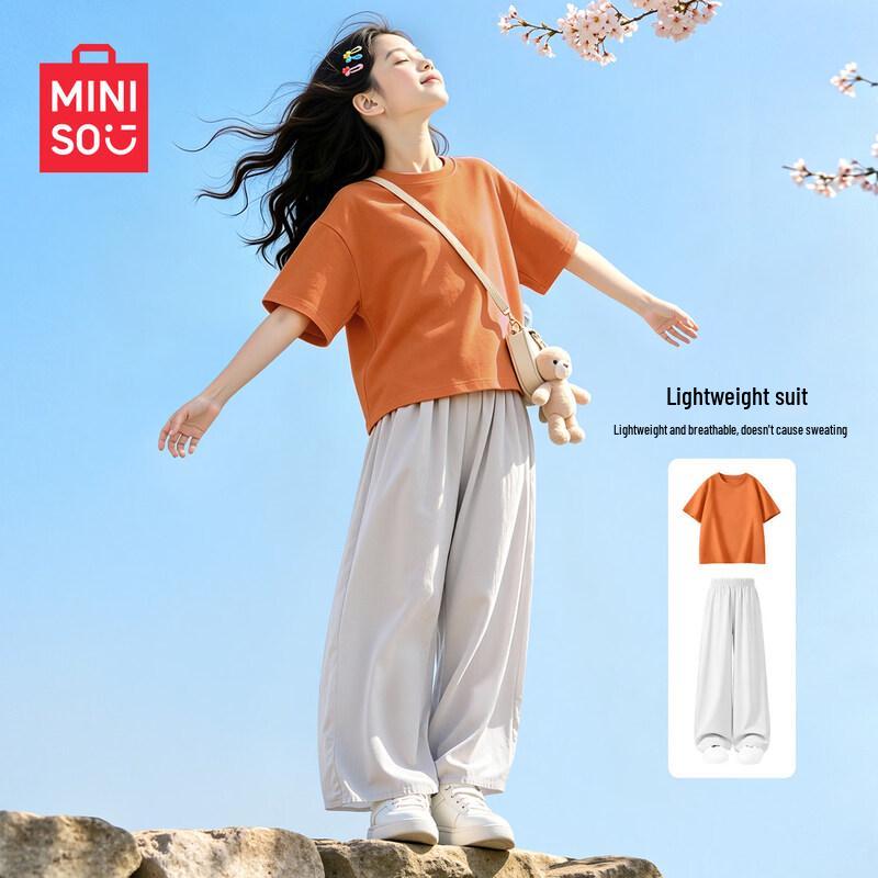 MINISO Girls' 2026 Summer Cotton Casual Short Sleeve & Pants Set