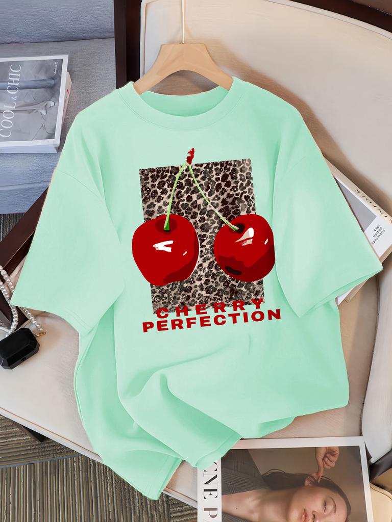 Fashion Leopard And Cherry Perfection Pattern T Shirt Women Summer Soft Tops Cotton All-Match Short Sleeve O-Neck Loose T-Shirts