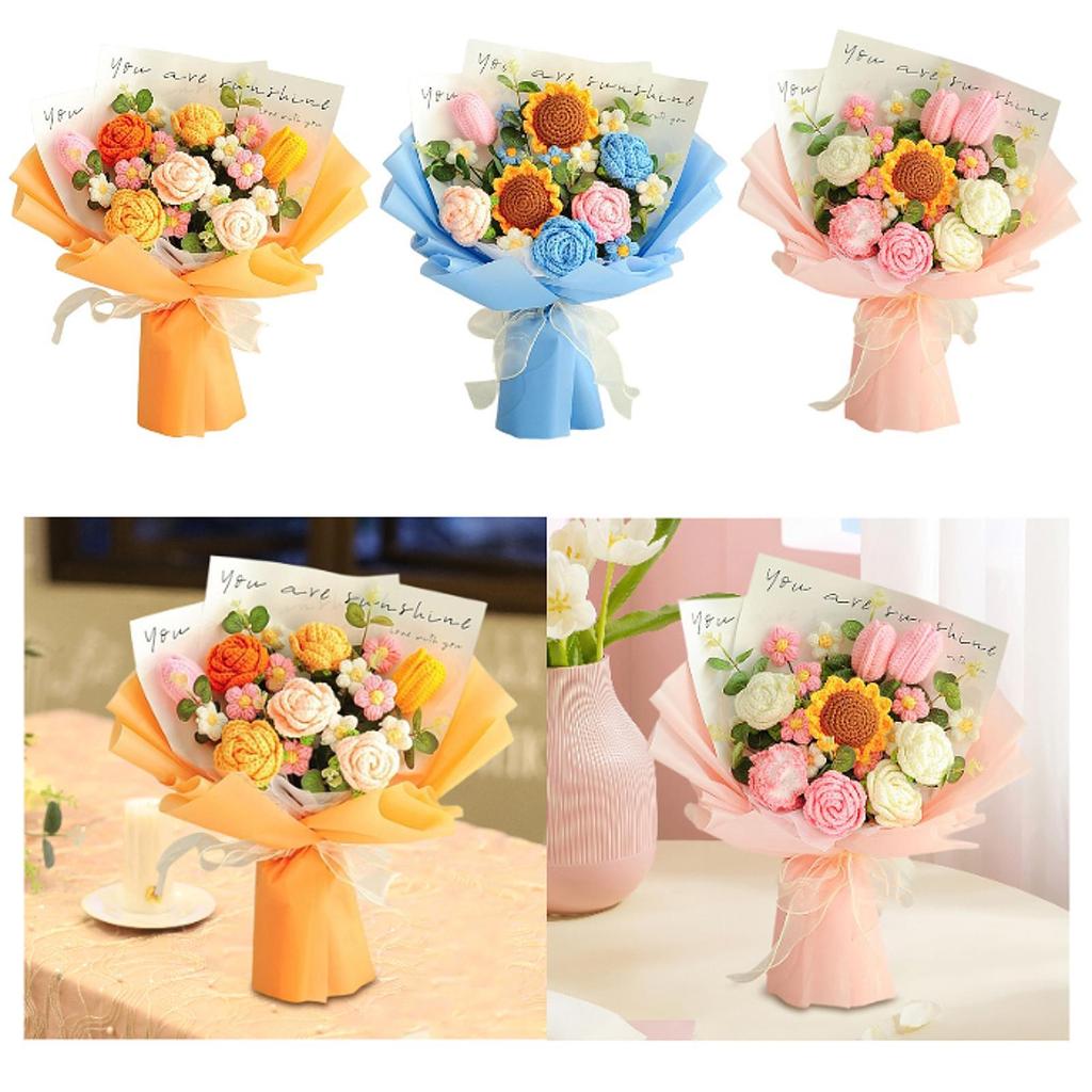 Completed Crochet Flowers Bouquet Centerpiece Knitted Artificial Flower for Mother Day Wedding Festival Birthday New Year
