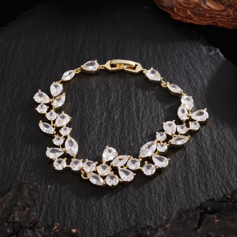 ZAKOL Shiny Marquise Cut Cubic Zirconia Silver Color Leaf Shape Chain Bracelet Bangle for Women Brides Wedding Party Jewelry