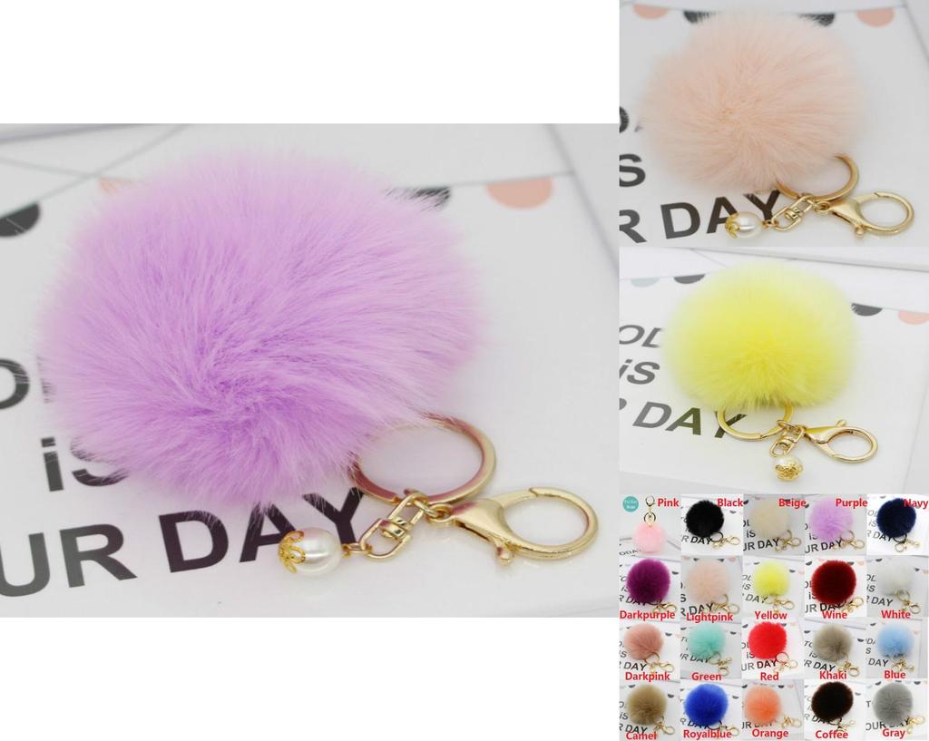 Luxurious Charm Key Ring Rabbit Fur Ball Pompom For Cell Phone And Car Keychain