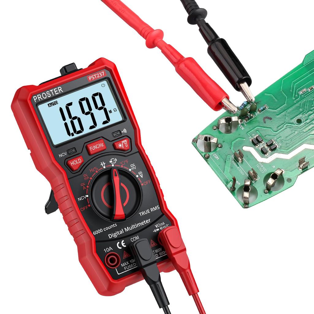 Proster Digitalmultimeter, 6000 Zählungen, AC/DC-Strom, AC/DC-Spannung, NCV, Echter Effektivwert, Widerstand, Diode, Durchgangsprüfung, Kapazität, Frequenz, Temperatur