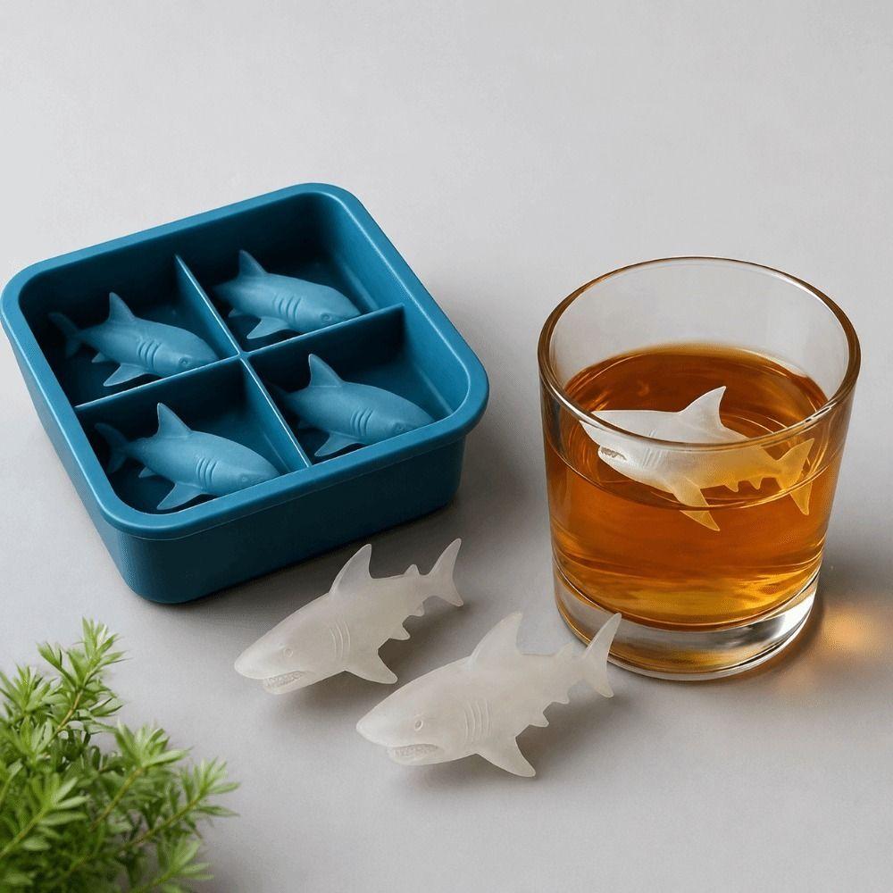 2PCS Silicone Shark Shaped Ice Mold 4-Cavity Shark Ice Cube Maker Cute Shark Whiskey Ice Mold  Party