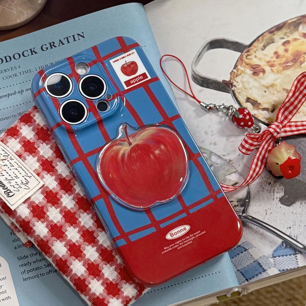 Blue and Red Contrasting Plaid Suitable for Iphone16promax Three  Dimensional Red Apple 17 All Inclusive 15 Lanyard 13 Fillin 11
