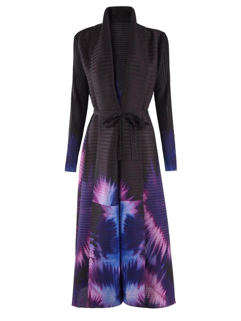Pleated Printed Long Trench Coat for Women - 2025 Spring Lapel Loose Fit Plus Size Long Sleeve Robe