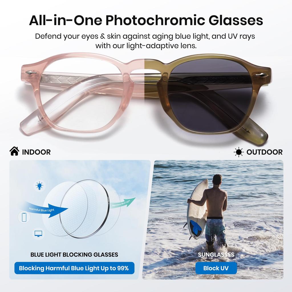 Magic Glasses Photochromic Glasses Frame and Lenses Change Color Blue Light Protection Use Suits for Mountain Stylish Light Pink To Glass Green