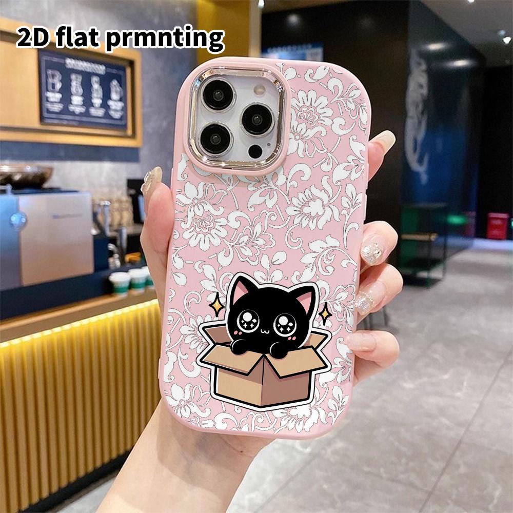 Phone Case: 2D Flat Design Suitable for iPhone 18 17 16 15 14 13 Pro Protective Case, Couple Style, Little Black Cat On Cardboard, Christmas and Hallo