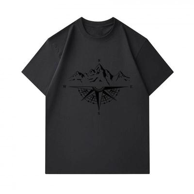 Men's 100% Cotton Crew Neck Short Sleeve T-Shirt, Vintage Compass Mountain Print Casual Breathable Loose Fit Tee for Daily Outdoor Hiking Activities