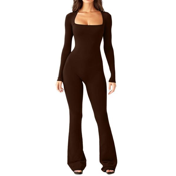 Langarm-Jumpsuits für Damen, Yoga-Jumpsuits, quadratischer Ausschnitt, geripptes Workout, ausgestelltes Bein, ganzer Länge, Strampler, Spielanzug