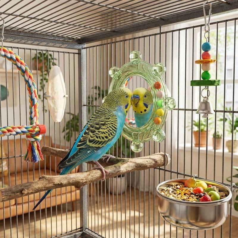 Colorful Ball Parrot Mirror Toy Wear-Resisting Bite Resistant Parrot Spinning Wheels with Bell Spinning Puzzle Bird Cage Toys