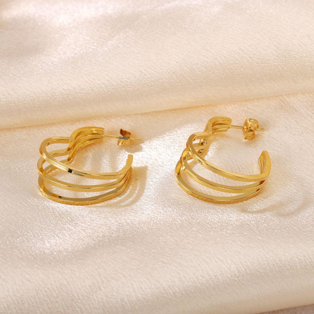 Gold Titanium Steel Multilayer Hoop Earrings - Light Luxury, Colorfast, High-End Feel