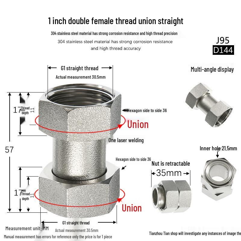 304 Stainless Steel Swivel Union Female Thread Pipe Fitting, Double Female Thread, 6 Points, 4 Points, 1 Inch, for Water Meter/Pump