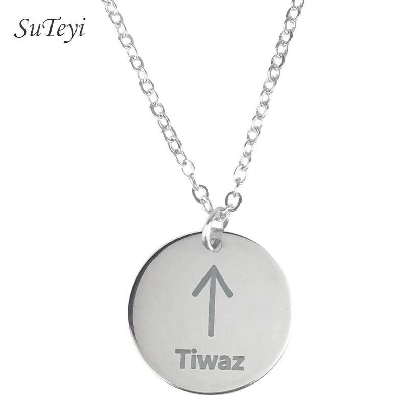 Round 25 Rune Letter Pendant Necklace Silver Color Stainless Steel Disc Viking Necklaces For Women Men