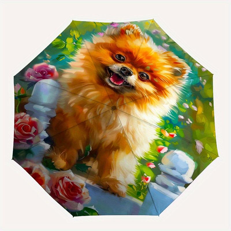 Pomeranian, Garden Theme 8 Bone Hand Automatic Folding Umbrella, Compact and Portable Design, A Perfect Gift for Birthday, Christmas or Busi