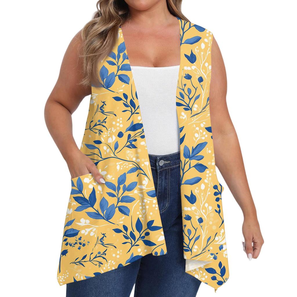 Women's Oversized Loose Casual Printed Sleeveless Vest With Pocket Cardigan Jacket Cardigan Jacket