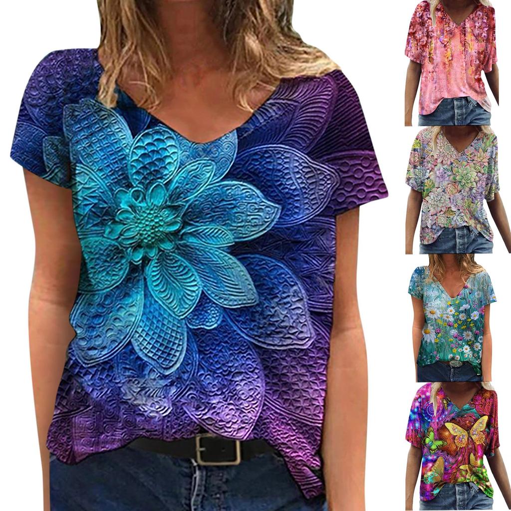 Women Tie-dye  Floral  Printed Colorful  Short Sleeve V Neck  Blouse Tops