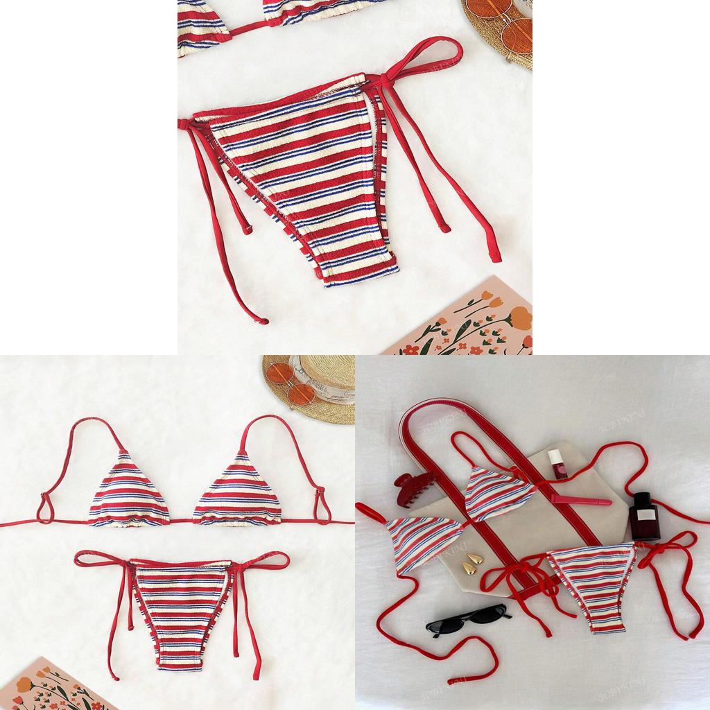 Polyester Striped Low Waist Bikini Set With Ties For Water Sports Women