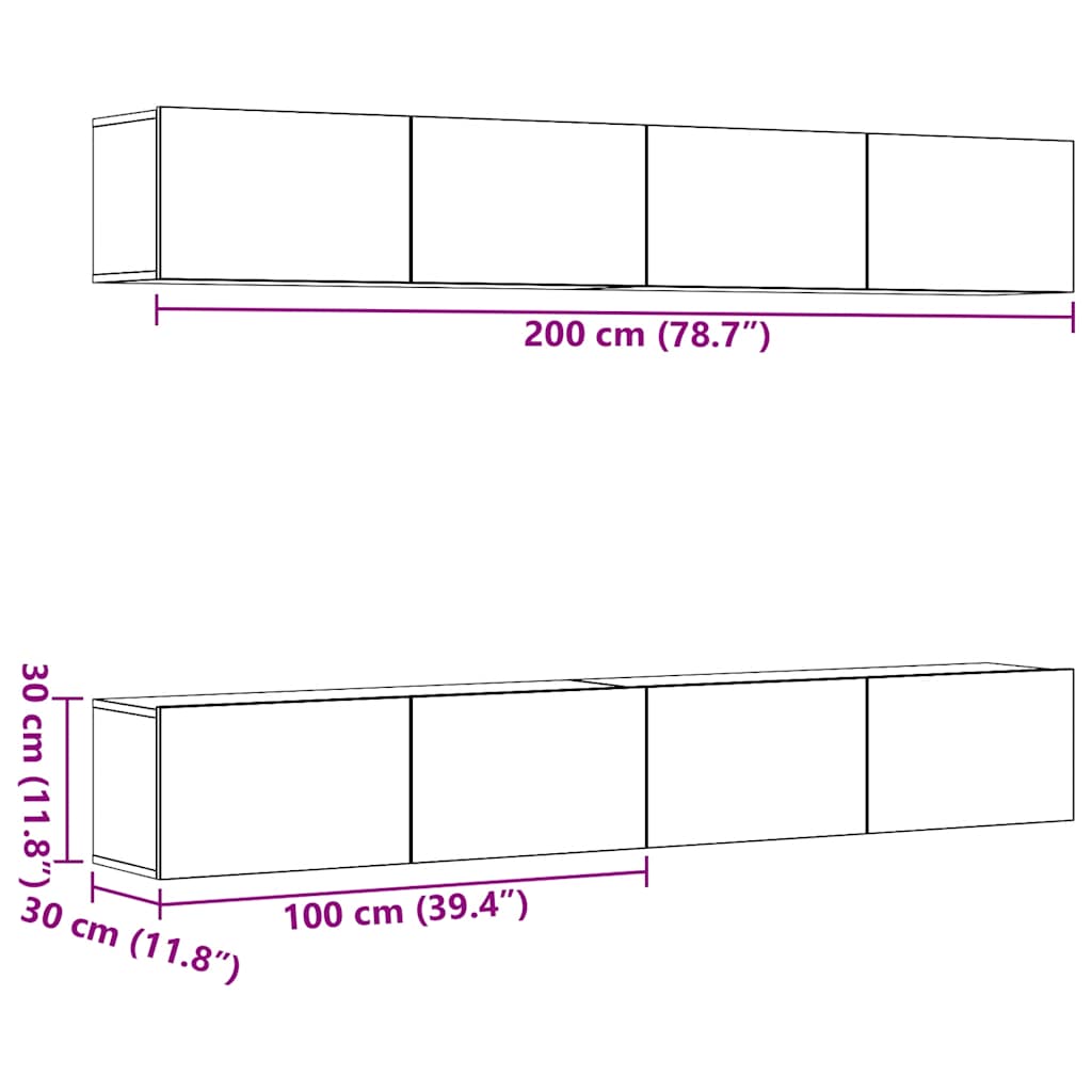 4 Piece Wall Mounted TV Cabinet Set Reclaimed Wood Look 100 X 30 X 30 Cm