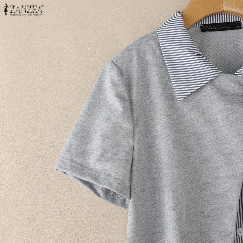 ZANZEA Women Stripe Splice Turn Down Collar Short Sleeve Blouse