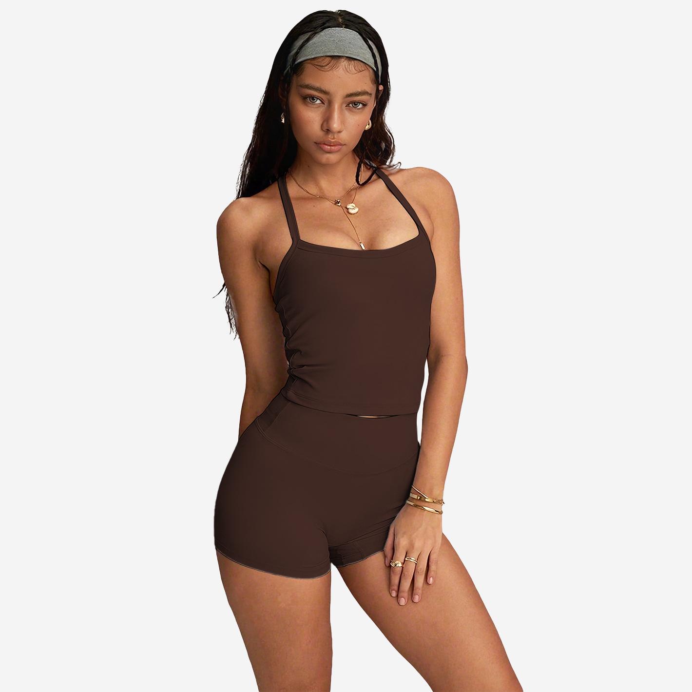 

High-End Women s Yoga Set: Halter Sports Bra & Low-Waist Shorts Large