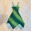 Pure desire wind green thin shoulder strap pleated waist outline curve irregular petal skirt fairy sultry dress
