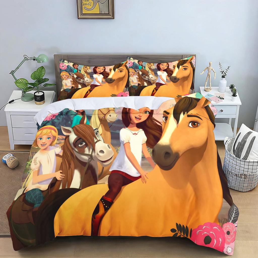 Spirit Riding Free Cartoon Horse Bedding Set Running Horses Print Duvet Cover Pillowcase Soft Kids Bedroom Bed Linens
