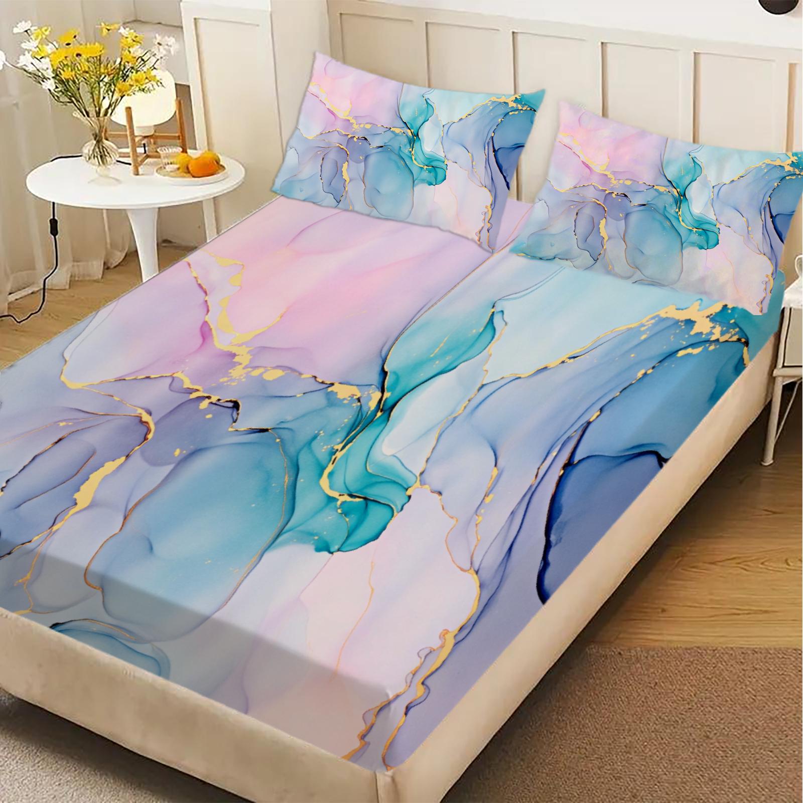 Abstract Art Fitted Sheet Set Blue Pink Purple Gold Marble Pattern Bedding With Pillowcases For Bedroom 99x190x25cm