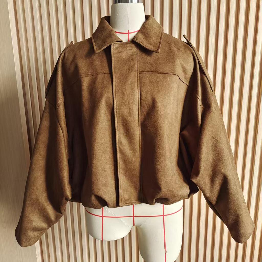 European and American Women's Batwing Sleeve Zipper Casual Suede Jacket