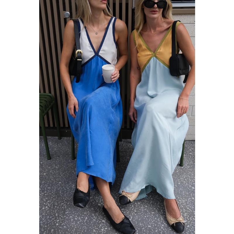 Women's Summer Color Block V Neck Sleeveless Tank Maxi Dress Loose Casual Vacation Beach Long Dress for Women