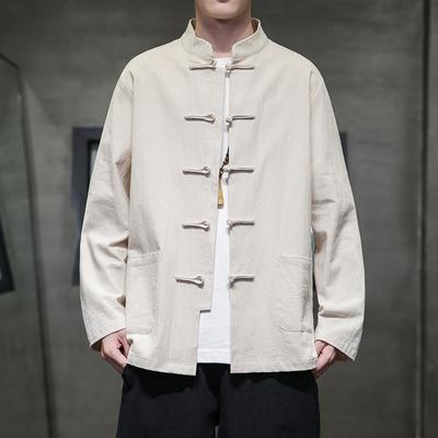 Camicia da uomo a maniche lunghe in cotone e lino Giacca da uomo autunnale Hanfu Tang con bottoni