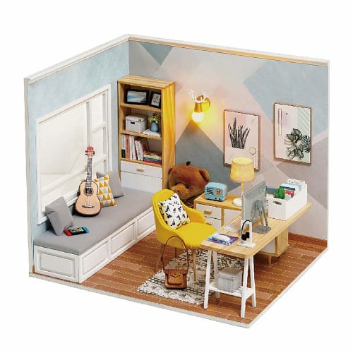 Moin Moin 1/12 Scale Dollhouse Miniature DIY Kit Set, Sunshine Bear Room, Doll House | LED Light + Acrylic Case + Building Tools (Product Code: 2007DH