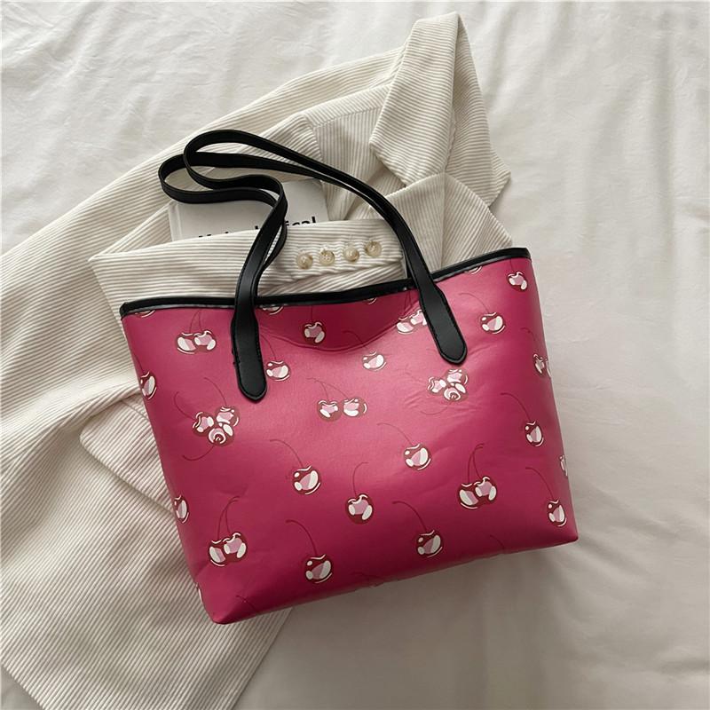 Cherry Print Large Capacity Tote Bag Fashionable Soft Faux Leather Shoulder Handbag for Women