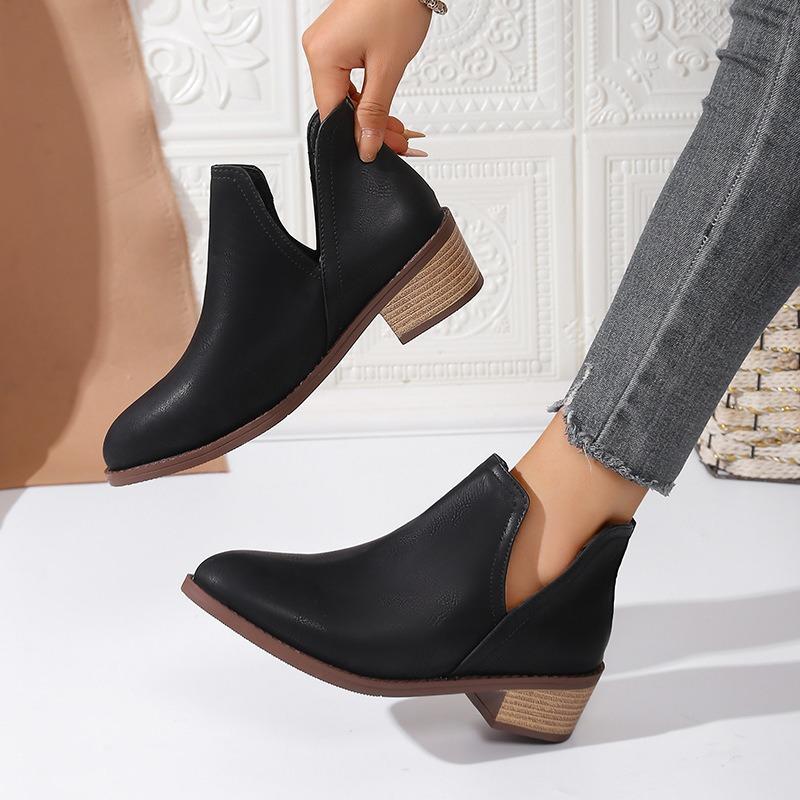 Large Size Short Martin Boots Women's Autumn and Winter New Mid-Heel Pointed Solid Color Women's Boots