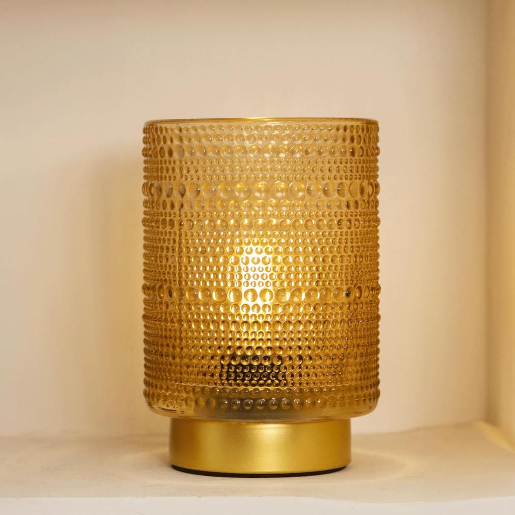Battery Operated Lamp with Timer LED Bulb Amber Glass Table Lamp Decorative Nightstand Lamp for Bedroom Living Room Entrance