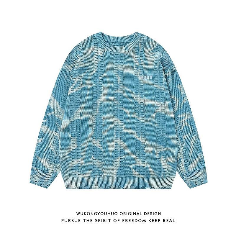 Mens Tie-Dye Gradient Crewneck Sweater Loose Casual Pullover Knit Top