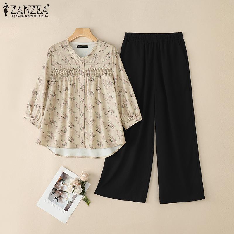 ZANZEA Women Floral Print Blouse and Pants Casual Two Piece Suit Sets