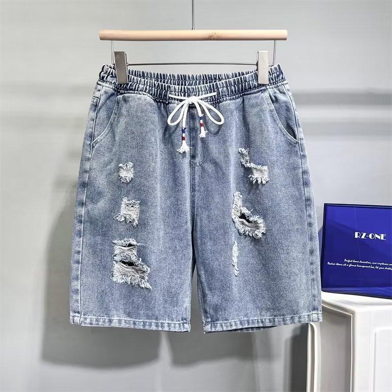 Men's denim ripped casual daily loose and versatile trend summer retro breathable simple fashion five-point pants tide