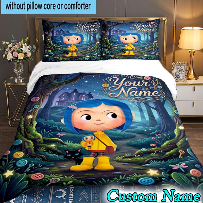 Custom Name 3PCS Mystery Coraline's World Bedding Set,Including Duvet Cover And 2pcs Pillowcases Perfect for Bedroom,Dormitory,Fan Christmas Gift