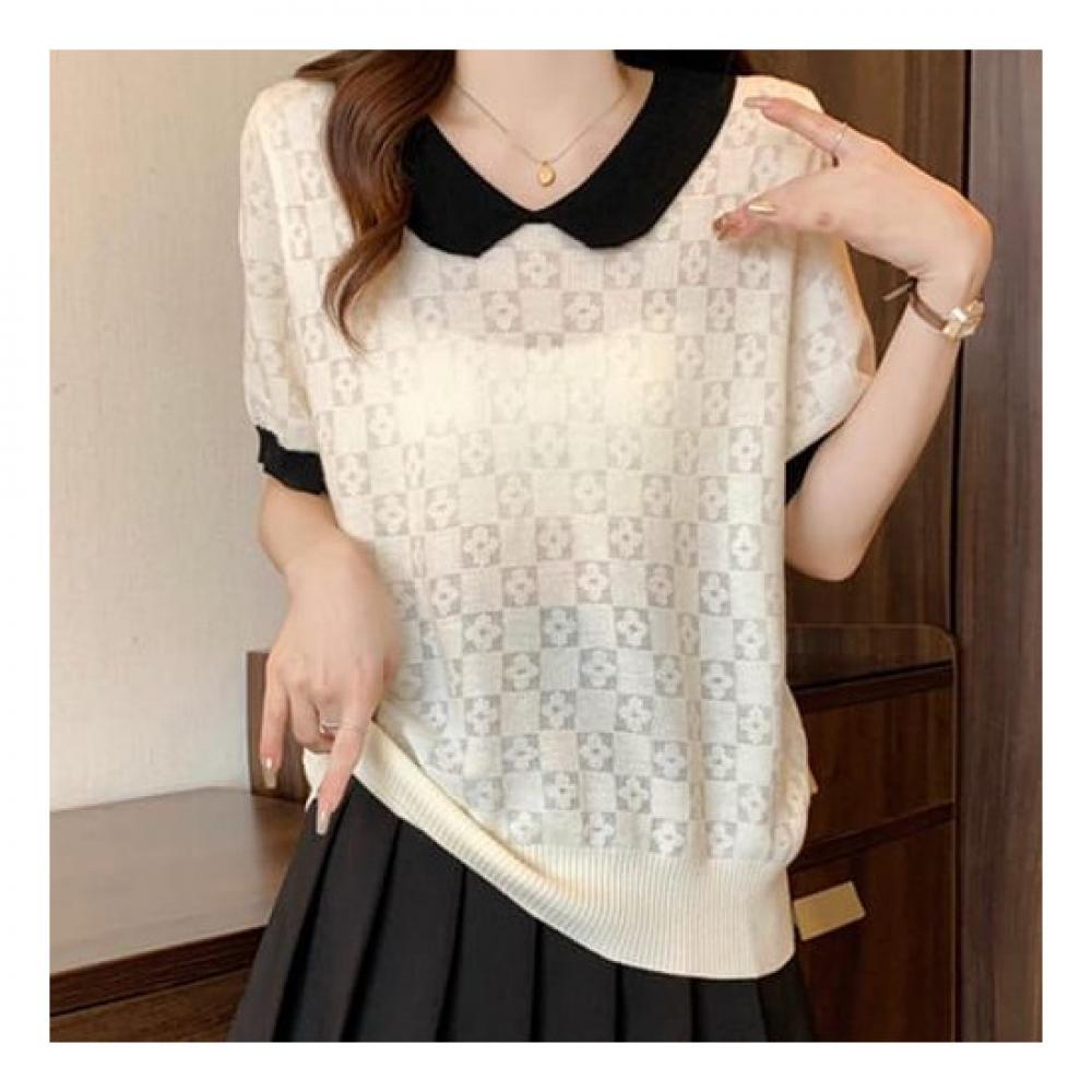 Navava Cute Lovely Check Thin Collar Short Sleeve Knit Nk2174