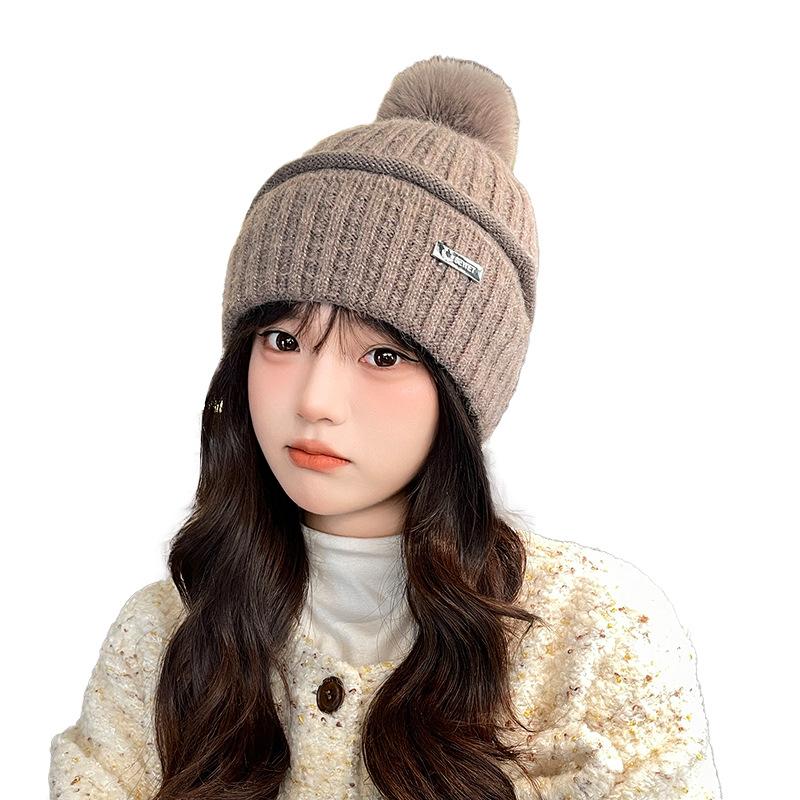 Damenmütze Strickmütze Herbst Winter Koreanische Edition Warme Kältemütze Bommel Ohrenschützer Kältemütze