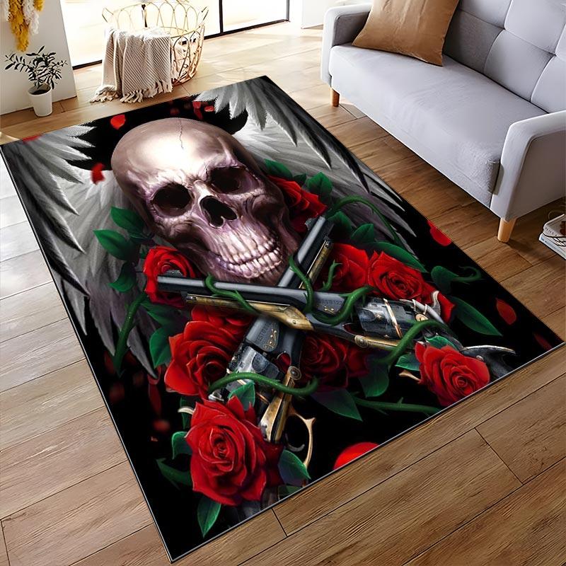 Skull Rug with Guns, Red Roses and Wings On Black Background Suitable for Use As an Anti-slip for Living Room Bedroom Sofas