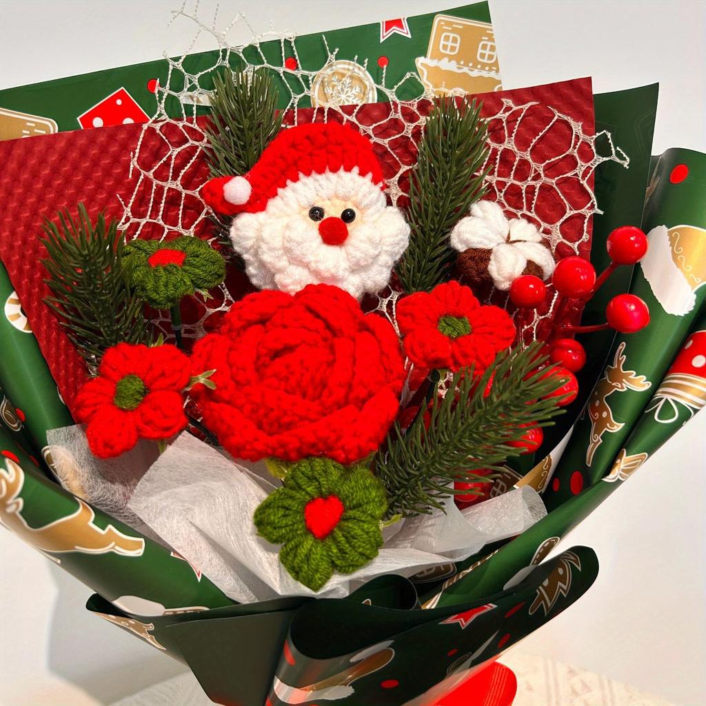 1Pc Christmas Bouquet Finished Pure Handmade Wool Flower Nobesong Holly Gift Hand Bouquet