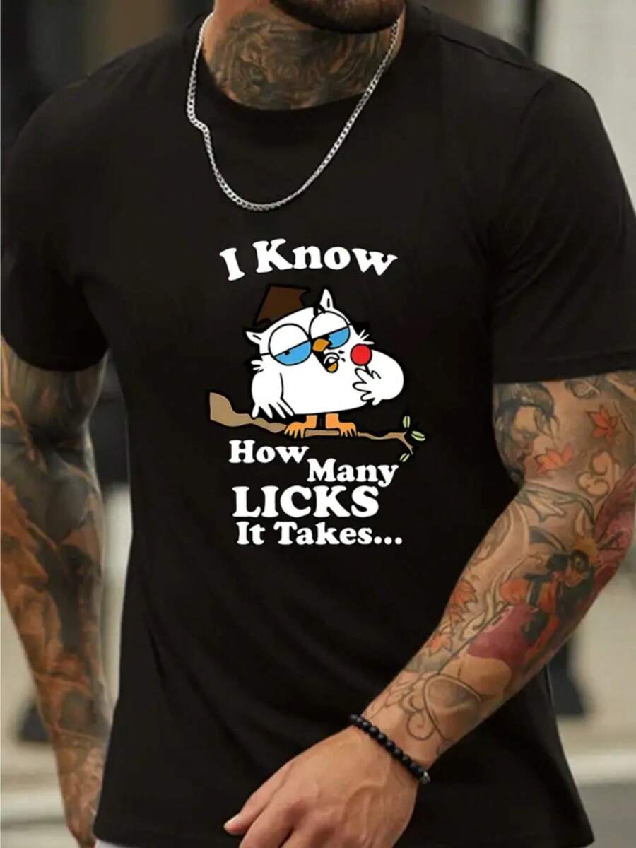 

I Know How Many Licks It Takes Letters And Cartoon Owl Print Crew-Neck Unissex s Short-Sleeved T-Shirt XL