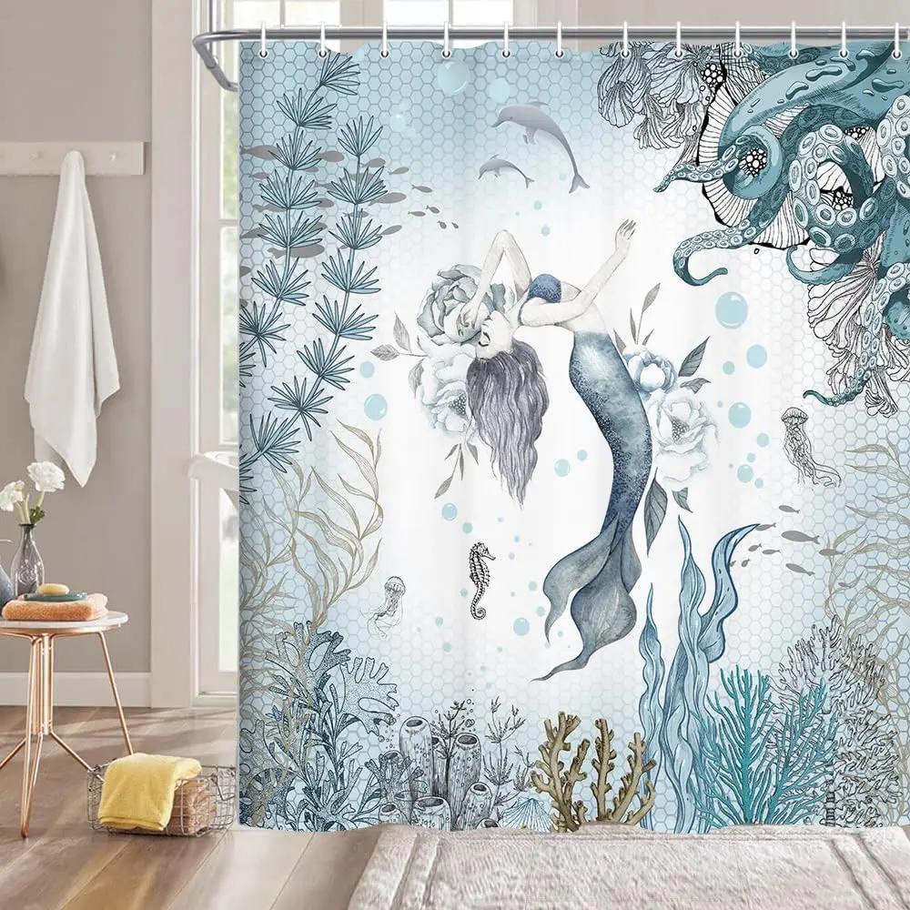 Mermaid Shower Curtain Sea Ocean Octopus Coral Reef Fish Seashell Jellyfish Theme Fabric Bath Curtain Sea Ocean Bathroom Curtain 90x180cm-35x70in